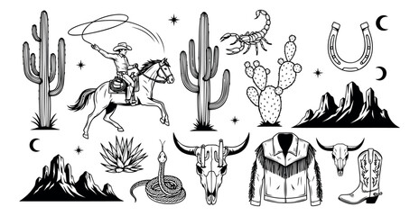 Hand drawn line art western elements set featuring a cowboy, desert plants, and wild west symbols for themed designs