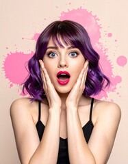 Surprised Young Woman with Purple Hair and Pink Splashes Expressing Shock and Beauty in a Studio Shot.