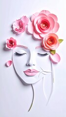 Elegant Paper Art Portrait with Pink Flowers for Beauty and Wellness Concepts.
