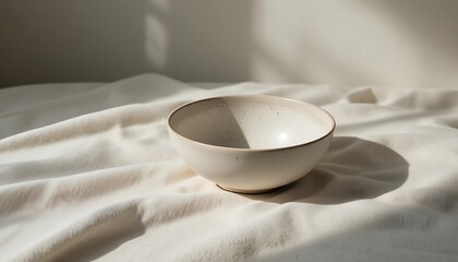 Minimalist Speckled Ceramic Bowl on Textured White Linen Fabric with Soft Natural Sunlight and Aesthetic Shadow Play for Zen Interior Design Home Decor and Organic Lifestyle Concept Photography