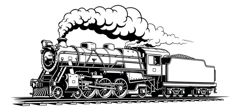 Vintage line art illustration of a steam train depicting smoke billowing from its chimney for transportation history design