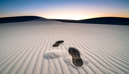 Footprints in White Sand Dune Landscape at Sunset Desert Adventure Solitude and Exploration in Minimalist Style.