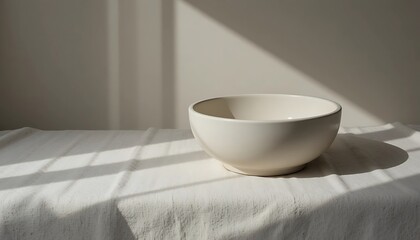Minimalist Speckled Ceramic Bowl on Textured White Linen Fabric with Soft Natural Sunlight and Aesthetic Shadow Play for Zen Interior Design Home Decor and Organic Lifestyle Concept Photography