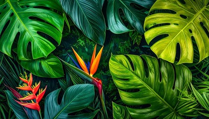 Vibrant Tropical Foliage Arrangement with Bird of Paradise and Monstera Leaves Exotic Nature Scene.