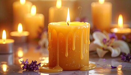 Tranquil Ambiance with Glowing Candles and Delicate Flowers for Relaxation and Mindfulness Concepts.