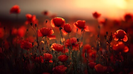 Fototapeta premium Field of vibrant red poppies illuminated by golden sunset light.