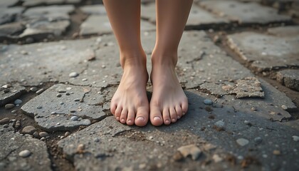 Close Up of Bare Feet Standing on Cracked Stone Pavement Outdoor Ground Texture Concept of Grounding Earthing Freedom Poverty and Resilience in Natural Light Low Angle Perspective