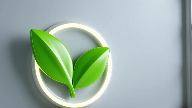 Minimal green leaf symbol inside a white neon circle on gray wall; the camera eases sideways and the ring light gently pulses, creating clean sustainability and eco technology vibe.