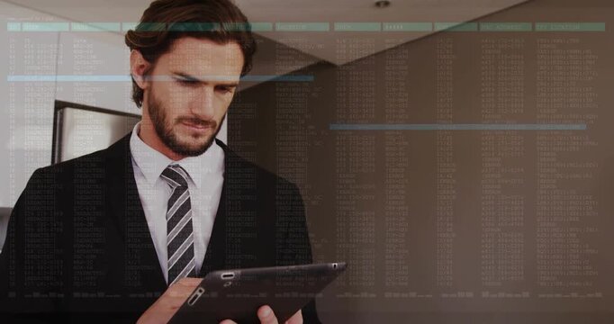 Businessman tapping tablet, activating data overlay with progress bars, reviewing reports