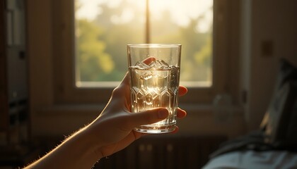 Refreshing Glass of Pure Water with Ice Cubes Held by Hand in Warm Morning Sunlight Against a Blurred Window Background, Concept of Hydration, Healthy Lifestyle, and Morning Wellness Routine