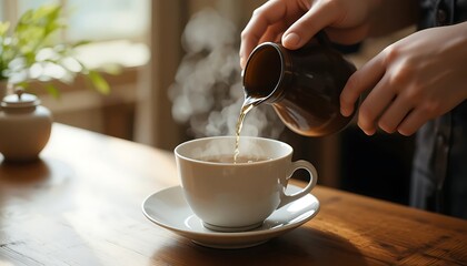 Close Up of Hands Pouring Hot Steaming Tea or Herbal Brew from a Ceramic Pot into a White Cup on a Wooden Table, Cozy Morning Atmosphere, Traditional Tea Time, Relaxation, and Mindfulness Concept