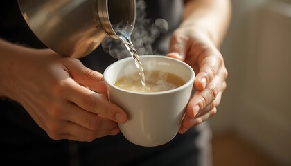 Close Up of Hands Pouring Hot Steaming Tea or Herbal Brew from a Ceramic Pot into a White Cup on a Wooden Table, Cozy Morning Atmosphere, Traditional Tea Time, Relaxation, and Mindfulness Concept