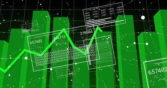 On data update, green polyline sweeping across 3D bars, HUD panels updating showing live analytics