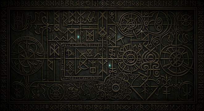 Dark engraved alchemical gears and symbols on black background suitable for steampunk esoteric abstract designs and graphics