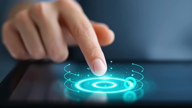 Close-up finger moves toward a blue holographic target, taps the center, rings pulse outward, particles sparkle, and the touch point brightens on a dark tablet screen.