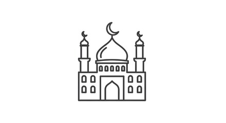 Obraz premium Minimalist Line Art Icon of a Mosque with Dome and Crescent Moon Symbolizing Islamic Faith and Worship, Ideal for Cultural and Religious Design Elements