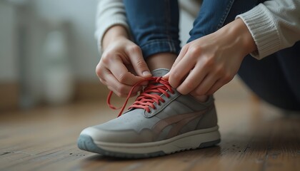 Close Up of Person Tying White Shoelaces on Blue Canvas Sneakers for Daily Routine Fitness Preparation and Casual Lifestyle Fashion Concept with Selective Focus on Hands and Shoes