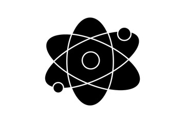This image is a clean, flat black icon of an atom, representing physics, chemistry, and nuclear science.