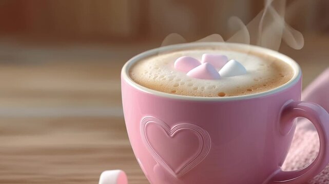 Pink ceramic mug with heart emboss holds hot cocoa with marshmallows on wooden table, steam rises and drifts right as the camera slowly pushes in, creating cozy winter comfort at home.