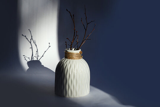 The concept of the arrival of spring: a vase with branches against the background of sun rays and shadows from objects