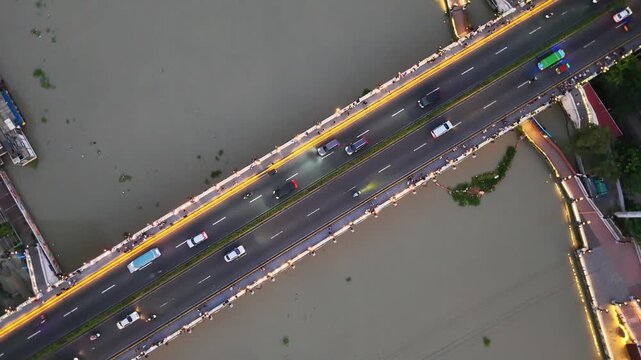 Aerial View of Jones Bridge Road over Pasig River at Manila Philippines in Spiral Angle 4k