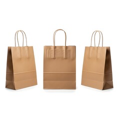 Three brown paper shopping bags with handles displayed in a row. illustration