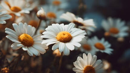Fototapeta premium Close-up of delicate white daisies with vibrant yellow centers blooming in a garden.