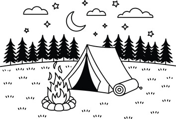 A black and white of a tent with a campfire in a forest under a starry night sky trees stars © MstFeroja