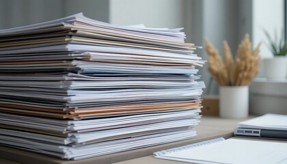 High Stack of White Paper Documents on Wooden Desk in Office for Big Data Administration Business Bureaucracy Tax Filing Workload and Paperwork Management Concept Background