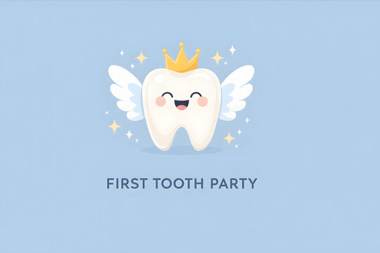 First tooth party concept with happy tooth character wearing crown and wings, celebrating baby milestone with joyful expression and sparkles
