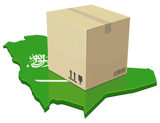 International trade and delivery services in Saudi Arabia featuring a cardboard parcel over the national map for e-commerce and supply chain concepts. (cut out)