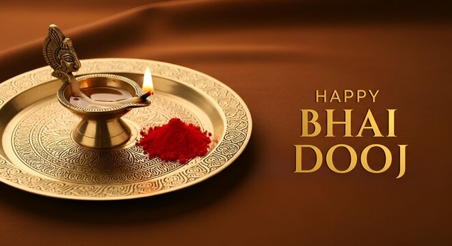 Bhai Dooj Thali Macro. Brass Plate with Roli and Diya. Greeting Header