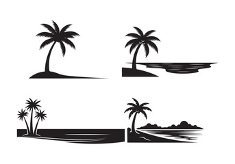 Fototapeta premium Palm tree silhouettes on islands with water and abstract elements, vector