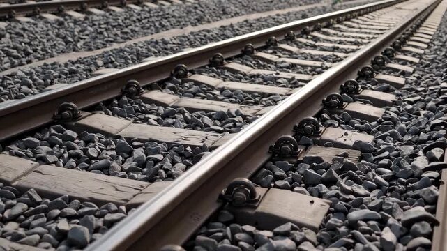 A detailed view along parallel metal railroad tracks, sunlight glinting off steel, with wooden ties and gray gravel. A feeling of travel, industry, and connection is conveyed.