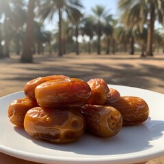 Glazed dates arranged on a plate with a scenic palm tree background illustration