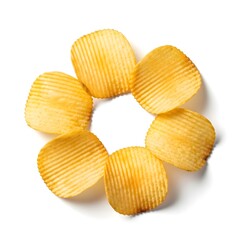 A creative arrangement of potato chips shaped into a flower-like form. illustration