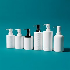 Assorted pump bottles arranged in a row on a teal background illustration