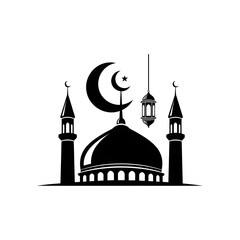 Elegant silhouette of a mosque with crescent moon and lanterns against a plain background. illustration