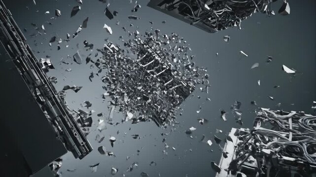 Dynamic destruction of abstract technological structure in a grey void.