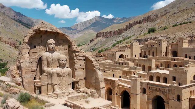 Panoramic view of cave Buddha statues and ancient buildings Aerial photography of the Bamiyan Buddha Ruins