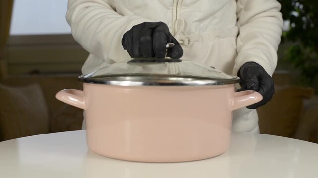 Opening and Closing Glass Lid on Pink Stainless Steel Metal Pot with Sound