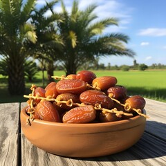 Freshly harvested dates displayed on a rustic wooden bowl outdoors illustration