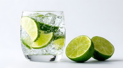 Refreshing Gin and Tonic Cocktail with Lime Slices and Ice.