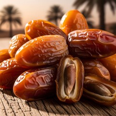 Freshly opened medjool dates displayed on a rustic wooden surface illustration