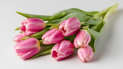 Obraz premium A beautiful bouquet of pink tulips with green leaves on a white background.