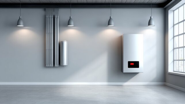 Modern energy-efficient boiler system in clean industrial interior with wall-mounted pipes and control panel, featuring ample copy space for design elements