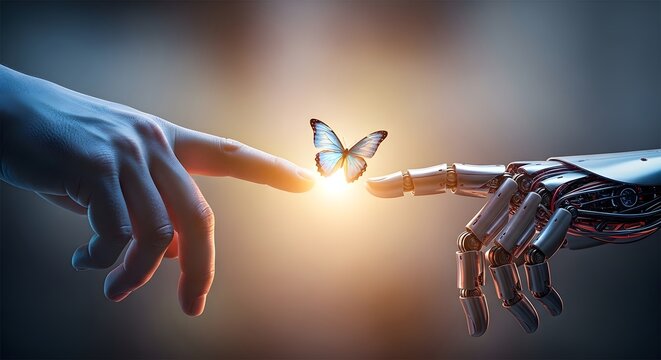 Futuristic robot hand and human hand meeting with a butterfly. Symbolizing the harmony of artificial intelligence and nature. High-quality 3D render on dark ba