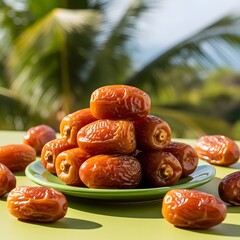 Freshly stacked dates on a green plate under palm trees in bright sunlight illustration