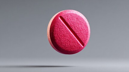 Bright pink round medical pill with a subtle line in the middle floating in the air against a muted grey background, showcasing hyper-realistic details and minimalist design