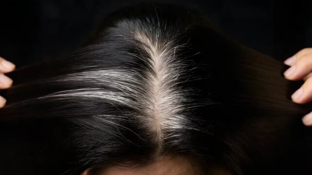 Person touching gray hair on scalp with concerned hands